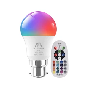 RGB LED Bulb 7W B22 with Remote | Dimmable | 16 Colours + Warm White | 1 Pack - Picture 1 of 6