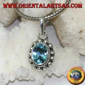 Ciondolo in Argento 925‰ Topazio azzurro naturale contornato da file di palline - Foto 1 di 2