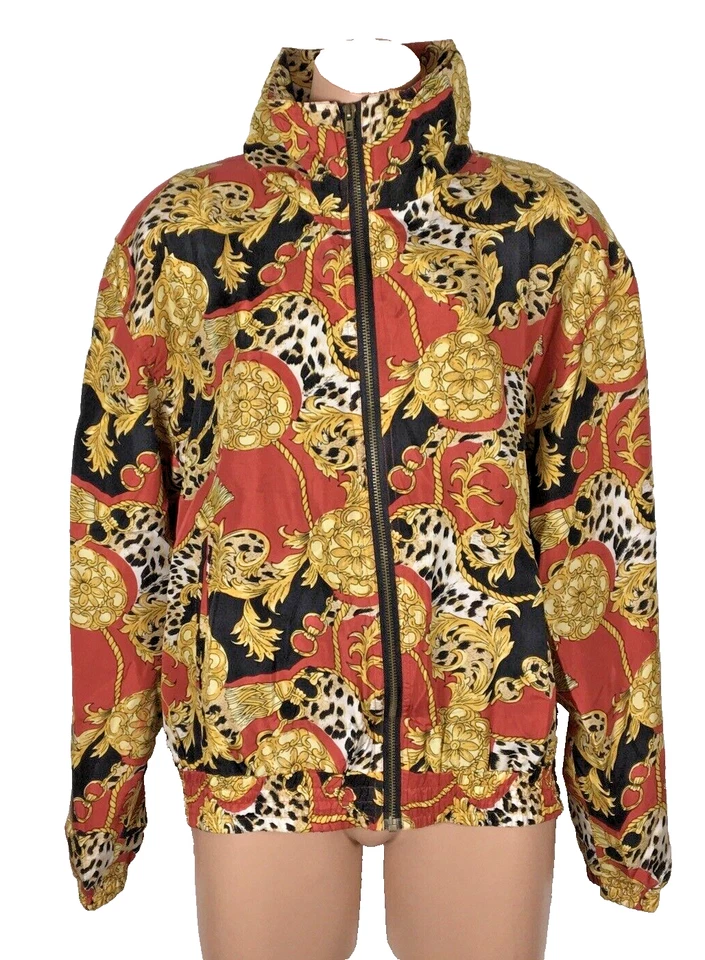 Jaqueta vintage anos 90 Evr 100% seda hip hop Cc correntes bombardeiro estampada por toda parte M BRILHANTE - Imagem 1 de 4