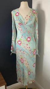 Carrie Hutton Y2K Blue V-Neck Floral Flowy Midi Dress Cut Out Sleeves Sz 4 - Picture 1 of 15