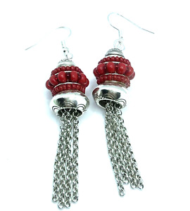 Brighton Global Dreams Red Seed Beads Medium Tassels Silver Custom Earrings