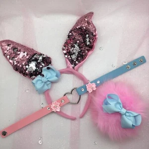 Maßgeschneidert Pailletten Blau Rosa Hase Kaninchen Set BDSM DDLG PetPlay Ohren Halsband Schwanz - Bild 1 von 1