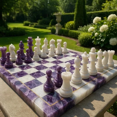 Luxury Gemstone Chess Set – Amethyst and White Agate Stone Board – Unique Gift - Image 1 of 4