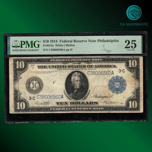 Fr.915a 1914 $10 Ten Dollars Federal Reserve Note Philadelphia, PMG 25 VF, 06560 - Picture 1 of 2