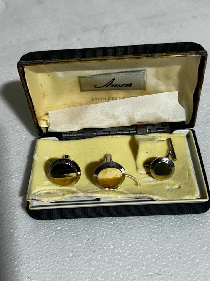 Abotoaduras redondas ANSON 925 prata esterlina vintage ouro rosto com aderência de gravata correspondente - Imagem 1 de 4