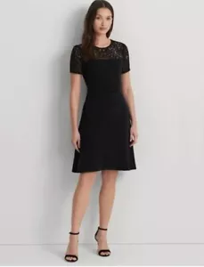 Polo Ralph Lauren Women's Black Belted Lace-trim Fit & Flare Dress, 9 - Picture 1 of 4