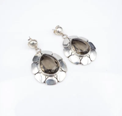 Sterling Silver Statement Earrings Smoky Quartz Drop 1.75" Floral Taxco ES2655 - Image 1 of 4