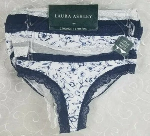 Laura Ashley 4 Small Lace Trimmed Panties 2 Thongs, 2 Hipsters White Gray Navy - Picture 1 of 7