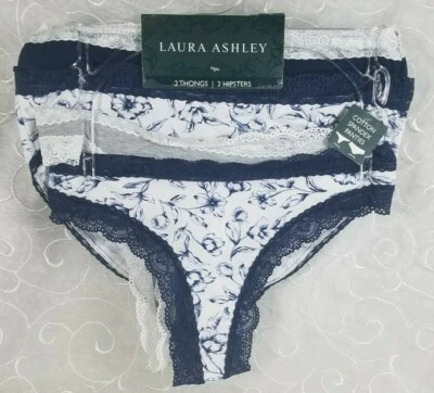 Laura Ashley 4 Small Lace Trimmed Panties 2 Thongs, 2 Hipsters White Gray Navy - Image 1 of 4