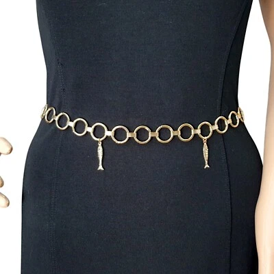 Cinturón de cadena de eslabones circulares con dije de peces tono dorado para mujer joyería corporal ajustable 35" Foto 1 de 4