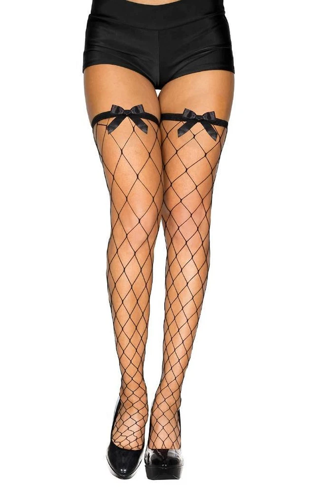 sexy MUSIC LEGS large DIAMOND fence NET fishnet BOW top THIGH highs HI stockings - Image 1 of 1