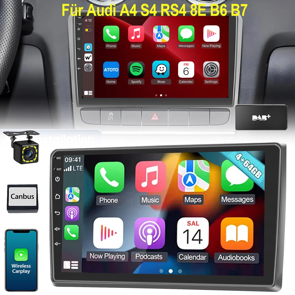 DAB+ KAM Carplay Autoradio Android 13 4+64GB Für Audi A4 2000-08 S4 8E 8H B6 B7 - Bild 1 von 4