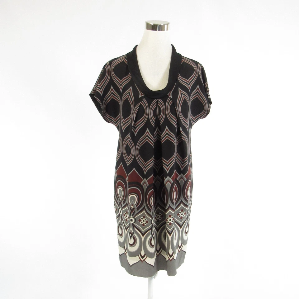 Black gray geometric 100% silk TIBI short sleeve shift dress 6 - Image 1 of 4