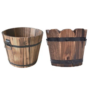 Wooden Planter Barrel Set Wood Flower Pot For Indoor Or Outdoor Carbonized Wood - Picture 1 of 14