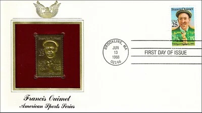 Francis Quimet Golf Legend Hero USA Golden Gold 22k Plated Stamp FDC 1988 - Image 1 of 2