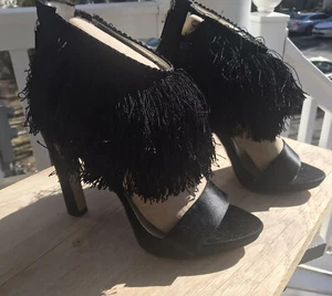 Black Sandal Women “Holler At Me” Satin Fringe Heel Mismatch Sz 8.5/9-Nine West - Picture 1 of 12