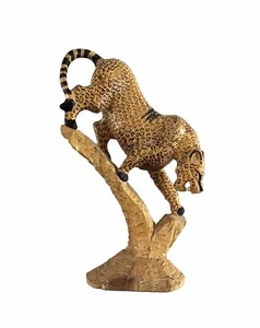 Vintage MCM Wood Carved Statue ~ Cheetah Climbing Down Tree 15” X 9” - Picture 1 of 7