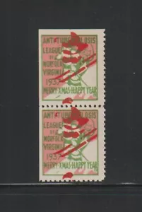1937 Santa Claus, Norfolk Virginia local TB seal pair with huge color shift! MNH - Picture 1 of 2