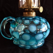 ANTIQUE OPALESCENT TEAL BLUE / BLUE “COIN DOT” GLASS OIL LAMP 
