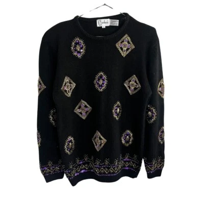 Vintage 80s/90s Black Carducci Silk Lambs Wool Angora Beaded Embellished Sweater - Image 1 of 4