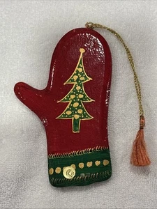 VTG Folk Art Wooden Hand Painted Red Mitten Christmas Tree Ornament Forside Co - Picture 1 of 12