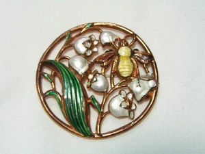 ...Antique Large Rose Gold Tone, Enamel Flowers & Bumble Bee Brooch... - Picture 1 of 9