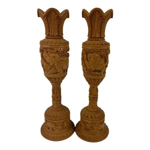 Pair Hand Carved Wooden Flower Vintage Vase Elephant Lion Home Garden Decor Art - Picture 1 of 10