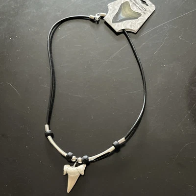 NWT SHARK WEEK  Fossil Shark Tooth Necklace Black Leather Beaded Cord Jewelry  - Image 1 of 4