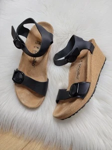 BIRKENSTOCK Papillio Soley Black Leather Wedge Sandals Women's Size 38 US 7 - Picture 1 of 15