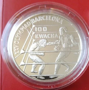 100 Kwacha Zambia 1992 - Silbermünze PP - Olympiade Barcelona - Boxen - Bild 1 von 2