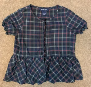 Ralph Lauren Kids Blouse Girls 5 Short Sleeve Ruffle Button Shirt Plaid Cotton - Picture 1 of 7