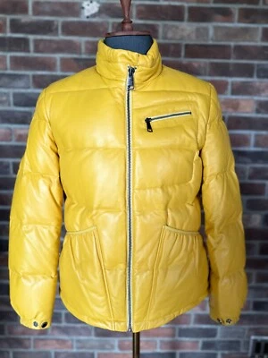 Nueva chaqueta de cuero y plumón de ganso de piel de cordero para hombre, amarilla, bombardero, acolchada Foto 1 de 4