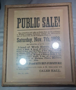 Original 1868 Antique Public Sale Farm Animals Poster | Wooden Framed - Picture 1 of 19