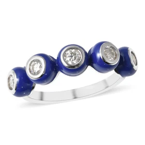Moissanite & Enameled Half Eternity Band Ring Rhodium Plated Size 7 - Picture 1 of 6