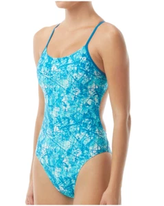 TYR Sz L Bayou Cutout Fit One Piece Swimsuit Turquoise High Cut Leg UPF 50 - Picture 1 of 9