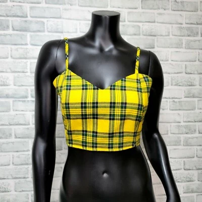 Top corto Purr Melrose para mujer OS amarillo tartán a cuadros lazo trasero escuela niña preppy Foto 1 de 4