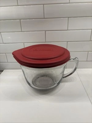 Batter Bowl 2 Quart Glass Spout Mixing Bowl w/Red Lid & Handle-perfect condition - Image 1 of 4