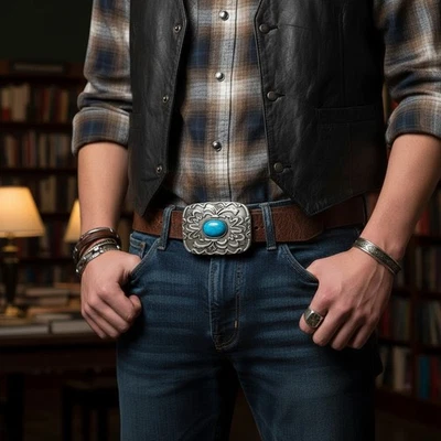 Uomo/Donna Antico Metallo Argento Etnico Cintura Fibbia Turchese Filigrana - Immagine 1 di 4