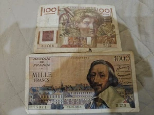 1955 France Banque De France 1000 & 1946 100 Francs Lot - Picture 1 of 8