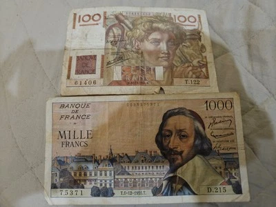 1955 France Banque De France 1000 & 1946 100 Francs Lot - Image 1 of 4
