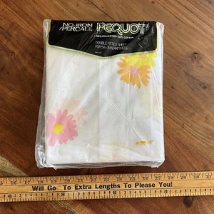Vintage Retro 1970s Pequot Floral Flower Power Double Fitted Sheet NOS No Iron - Picture 1 of 2