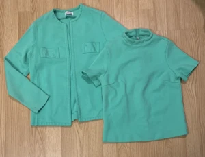 Vintage 1960s Mint Green Janzen Open Cardigan Jacket & Zipper Shirt Set Sz S/XS? - Picture 1 of 15