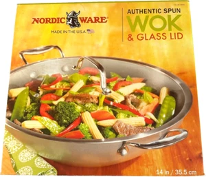 Nordic Ware 14" Nonstick Double Handled Wok Spun Steel w/Glass Lid - NEW IN BOX - Picture 1 of 9