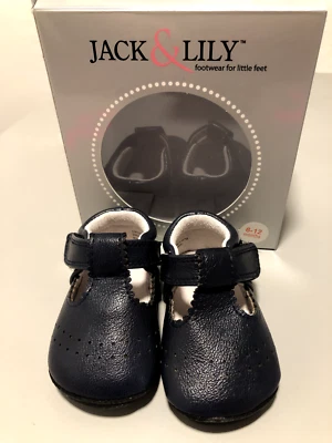 Jack & Lily navy leather baby shoes 6-12m - BRAND NEW IN BOX - cute shower gift - Image 1 of 4