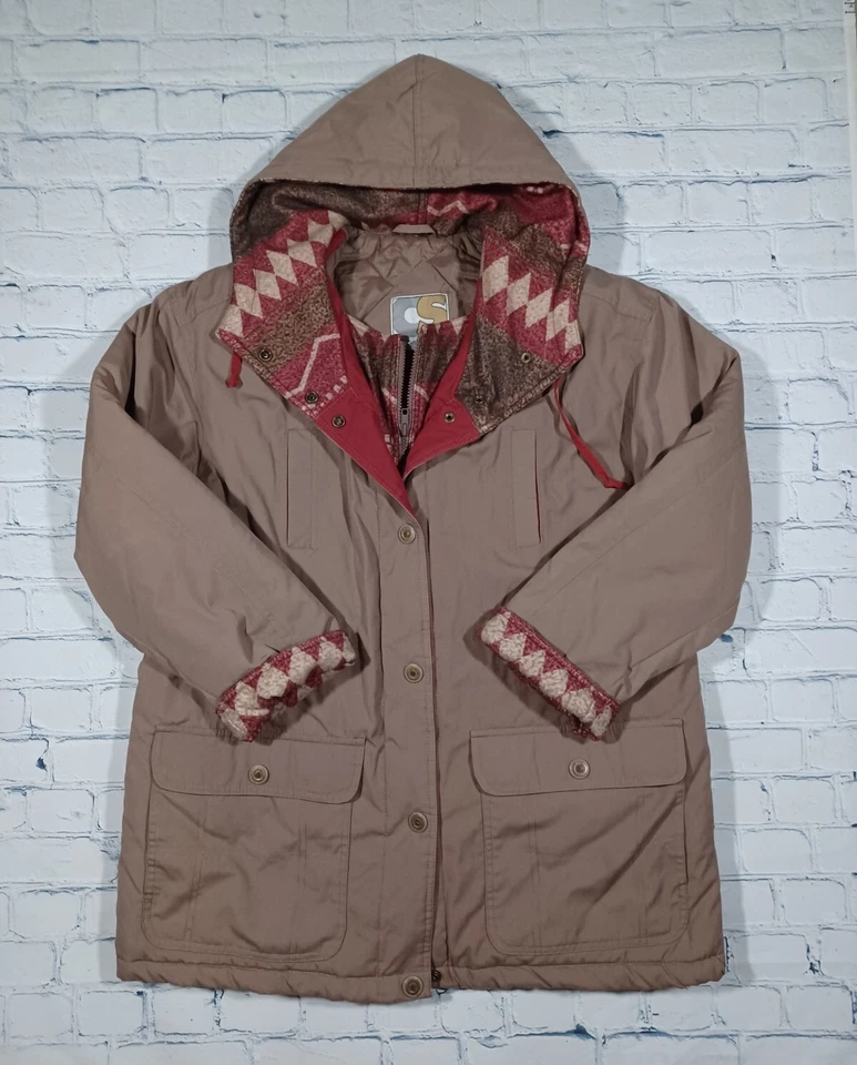 Current Seen Mens Jacket Long Parka Sz M Tan Aztec Print Lined Full Zip VTG 90s - Image 1 of 3
