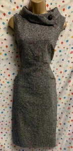 HOBBS Grey Wool Tweed Sze 12 Pencil Lined Cowl Neck Holford Vintage Preppy Dress - Picture 1 of 13
