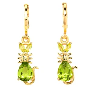 NATURAL AAA GREEN PERIDOT PEAR & MARQUSE BRASS YELLOW GOLD PLATED CATS EARRING - Picture 1 of 6
