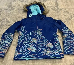 roxy Girls Blue Multi Ski jacket Coat Sz (12) Large Fur Hood Dry Flight 10k - Picture 1 of 8