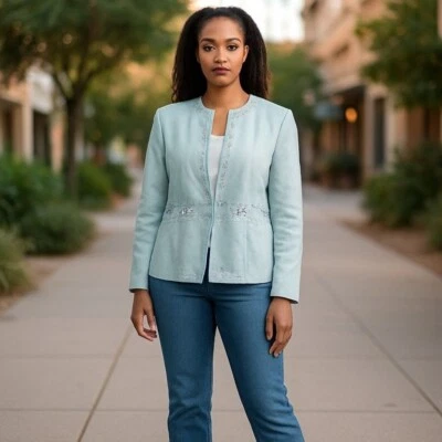 Coldwater Creek льняной блейзер куртка женщин 14 светло-синий украшенный карьера форма - Изображение 1 из 4
