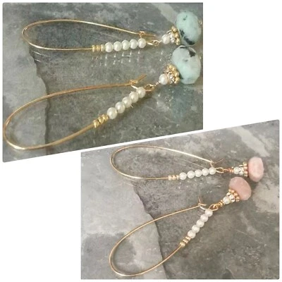 Pendientes colgantes de perlas de piedras preciosas de plata de ley 925 enchapados en labradorita cuarzo rosa Foto 1 de 3